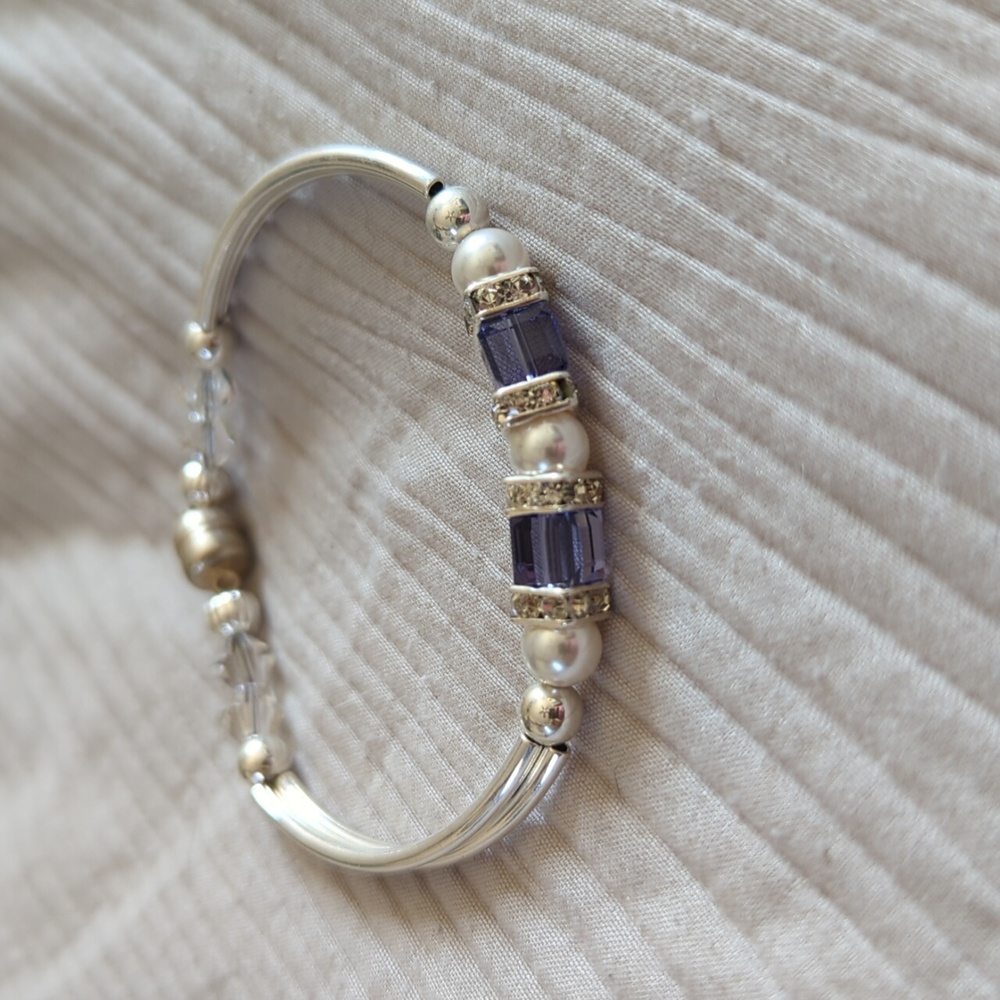 Purple, Pearl, Diamond, Silver Bracelet